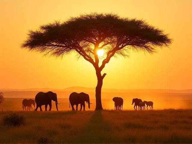 Elephants crossing the Tanzanian savanna