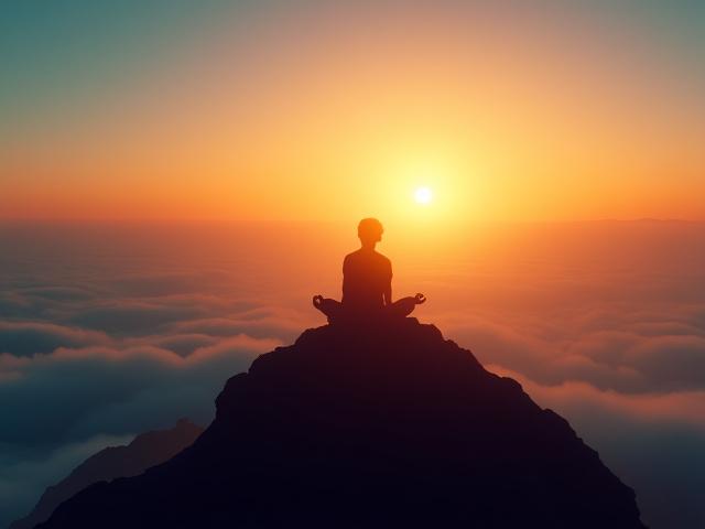 A traveler meditating on a mountain peak during sunrise